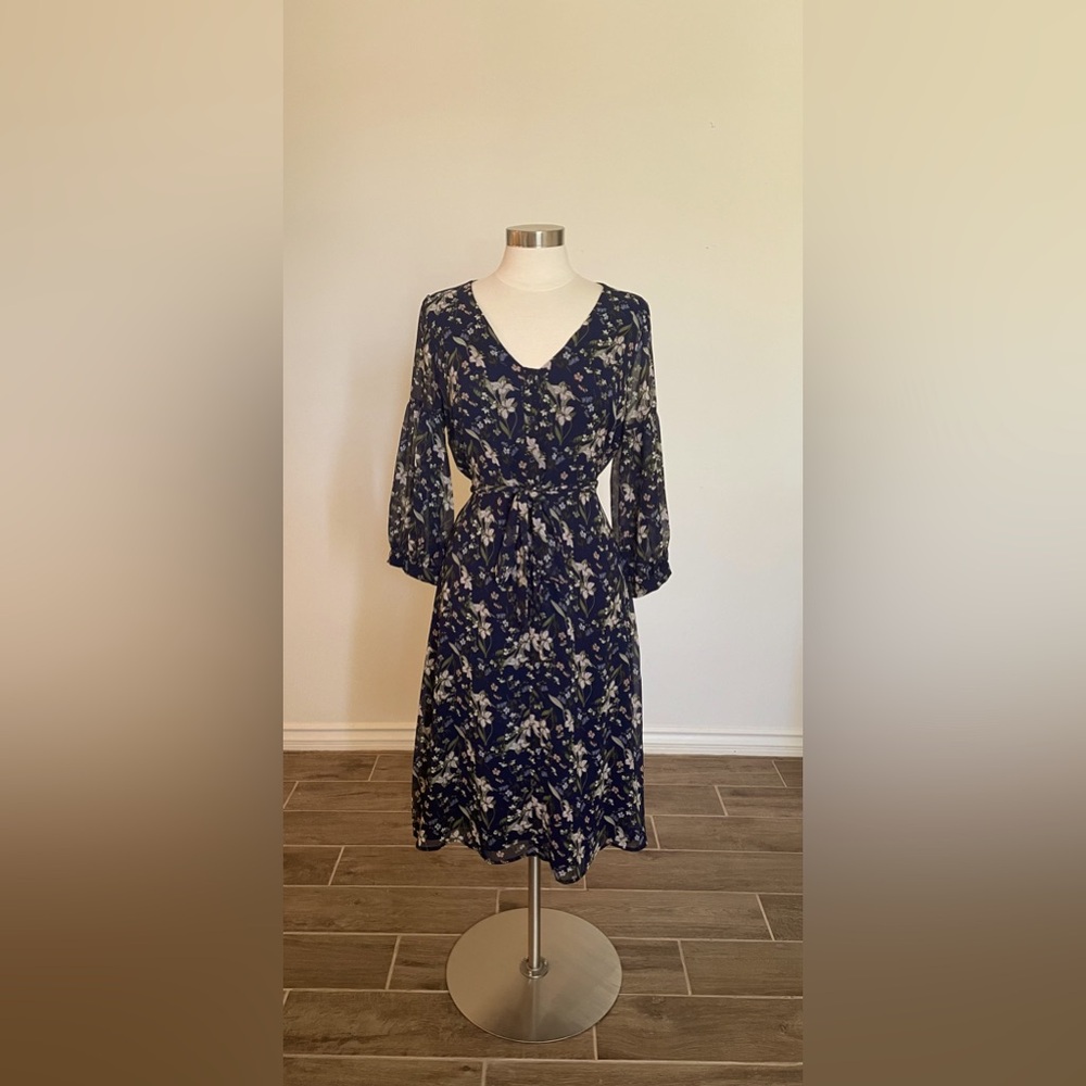 NewYork & Company Flare and Light-Weight Floral Navy Blue Dress